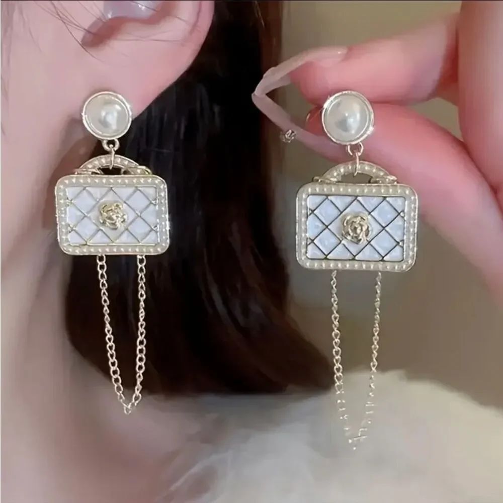 18kt Gold Plated Luxury Camellia Tassel Handbag Earrings